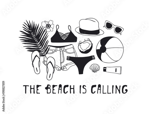 Hand drawn summer pattern. Tropical vector background. Artistic doddle drawing. Creative ink art work. Fashion illustration season objects