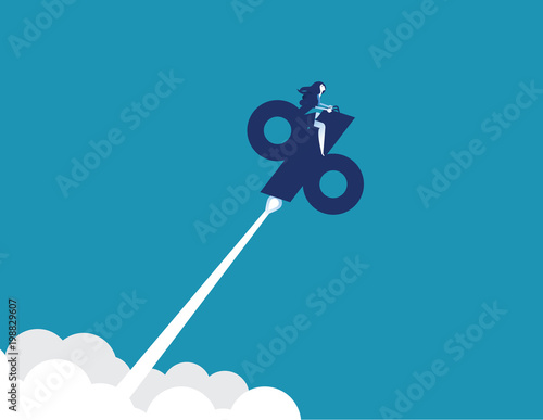 Businesswoman riding percent sign as rocket. Concept business interest rate vector illustration.