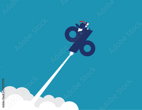 Businessman riding percent sign as rocket. Concept business interest rate vector illustration.
