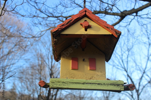 Brightly painted wooden birdhouse hanging from tree branch in country garden © Alex