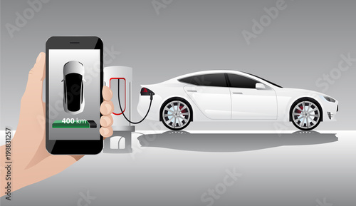 Hand with phone on a background of electric car charging point. On a divice screen indicator of power reserve. Vector illustration