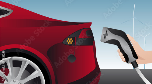 Hand with charging plug. Charging an electric car. Vector illustration