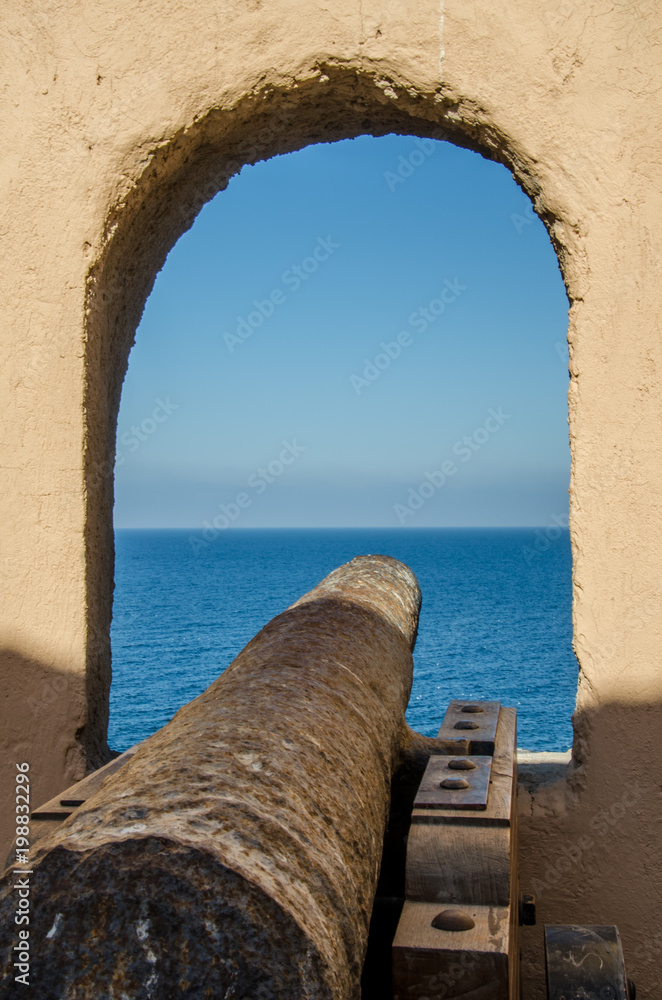 Canon pointing on ocean