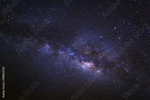 Starry night sky, Milky way galaxy with stars and space dust in the universe, Long exposure photograph, with grain.