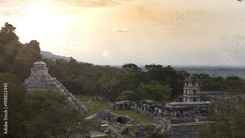 palenque mexico famous mayan city of king pakal  aerial view of the Maya Temple of the Inscriptions pyramid of king pakal,  sunset and The Palace Observation Tower, time lapse unesco site