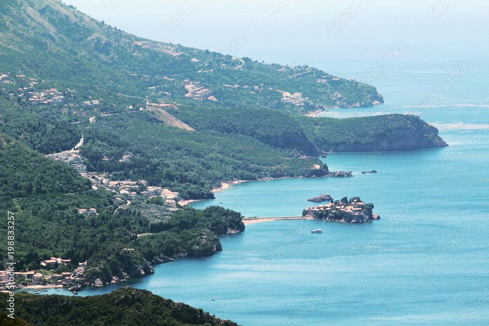 A view to Budva Riviera and Sveti Stefan islet, Montenegro