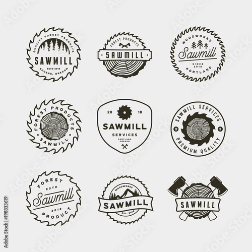 set of sawmill logos. retro styled woodwork emblems. vector illustration
