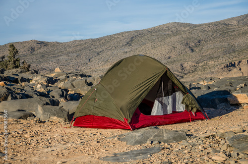 Wild camping with tent near Jebel Shams in Oman