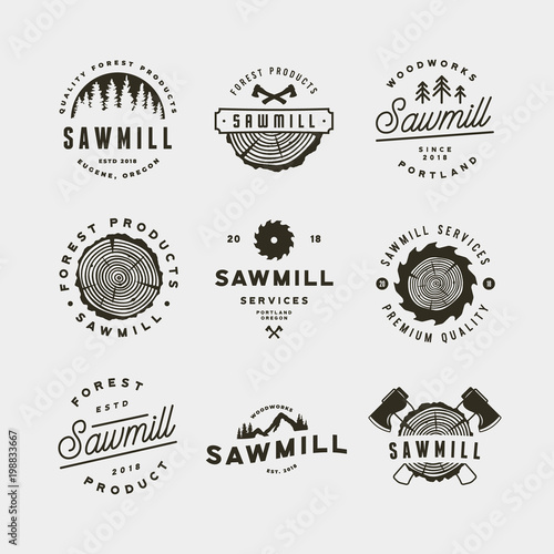 set of sawmill logos. retro styled woodwork emblems. vector illustration