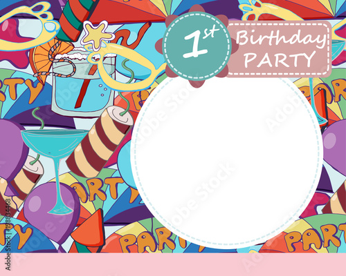 Vector baby 1-th Birthday party greeting card. Colorful brightly cute background with baloons, fireworks and stars.