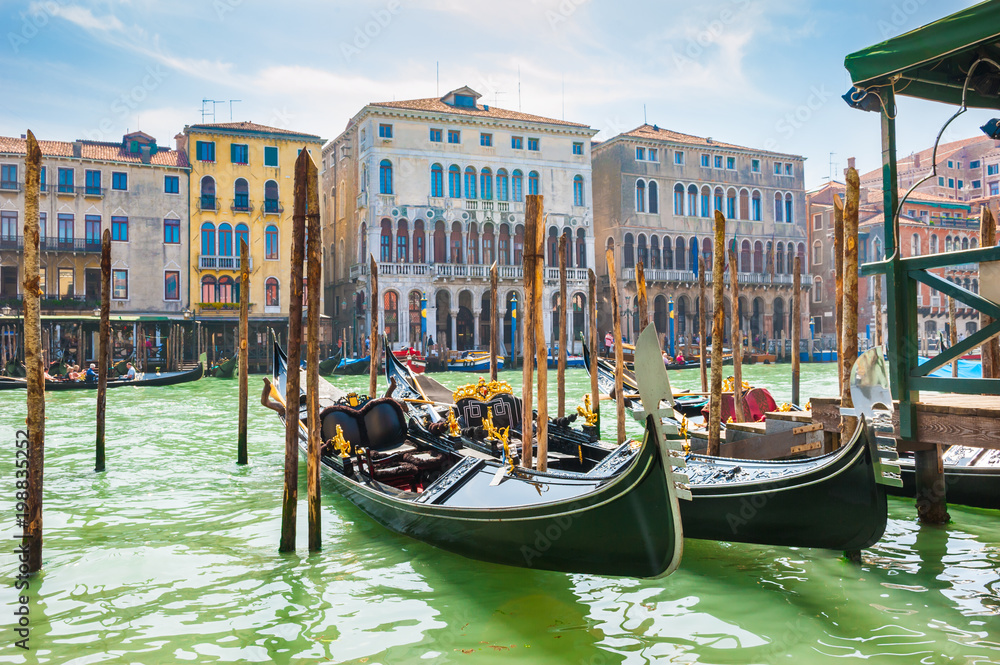 Gondolas on the Grand canal in Venice, Italy.