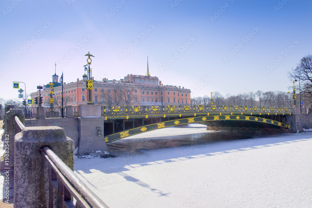 Panteleymonovsky Bridge is a tourist attraction of St. Petersburg. with gold ornaments.