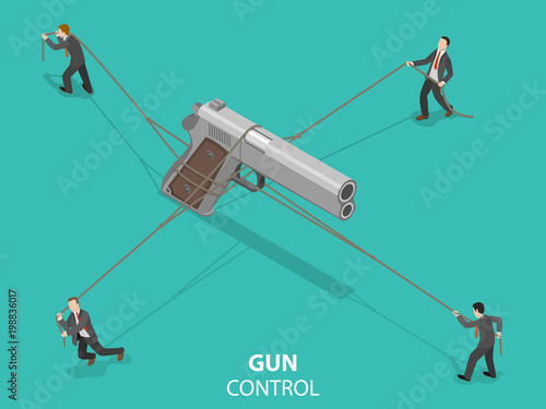 Gun control flat isometric vector concept. 4 men are trying to hold a pistol tight using ropes to constrain its movement like they are doing it with a wild horse.