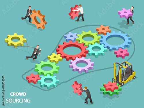 Crowdsourcing flat isometric vector concept. Team of people are filling the light bulb outline with gears of different sizes and colors, symbolizing their contribution into common solution.