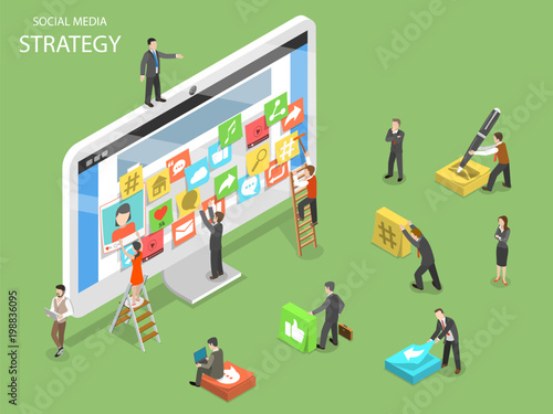 Social media strategy flat isometric vector. Group of people are creating a social network page of stickers with corresponding symbols.