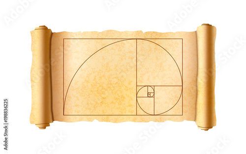 Old textured papyrus scroll with golden ratio proportions scheme on white