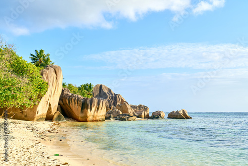 Anse Source d'Argent, granite rocks at beautiful beach on tropi