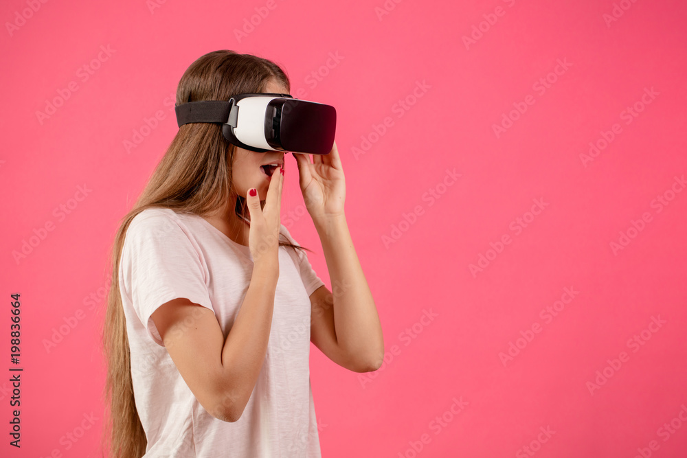 side view photo of emotional female with red nails standing in vertual reality device. generate realistic image side view photo of emotional female with red nails standing in vertual reality device. generate realistic image