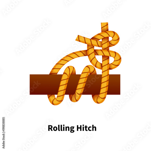 Rolling Hitch sea knot. Bright colorful how-to guide on white
