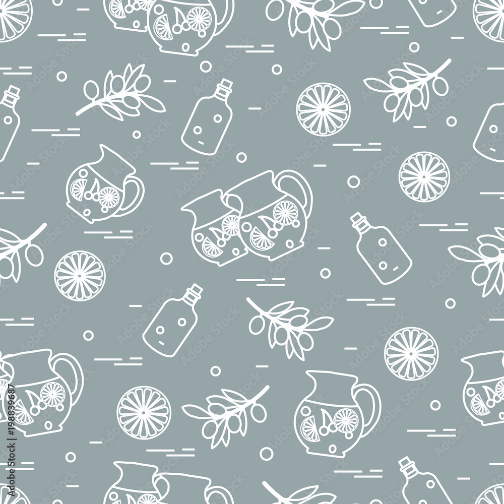 Cute seamless pattern with pitcher of sangria, orange, bottle of olive oil and branch with olives. Travel and leisure.