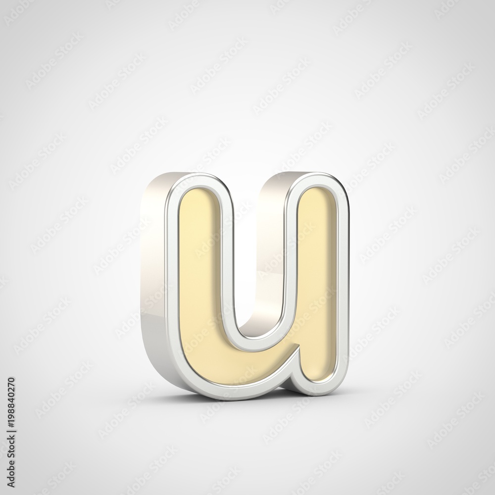 Gloosy golden letter U lowercase with silver outline isolated on white background. Gloosy golden letter U lowercase with silver outline isolated on white background.