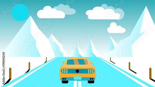 A fast racing sports yellow car rides a trip to the mountains along the road against a background of blue mountains, sun and clouds. Concept: tourism in the mountains. Vector illustration.