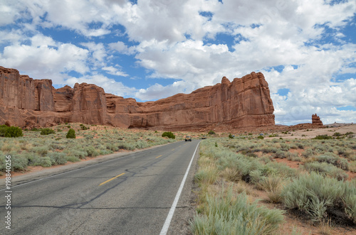 Arches scenic drive passing The Great Wall rock formations Arches National Park, Moab, Grand County, Utah