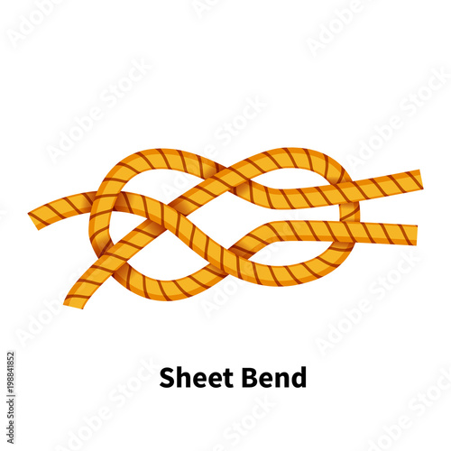 Sheet Bend sea knot. Bright colorful how-to guide on white