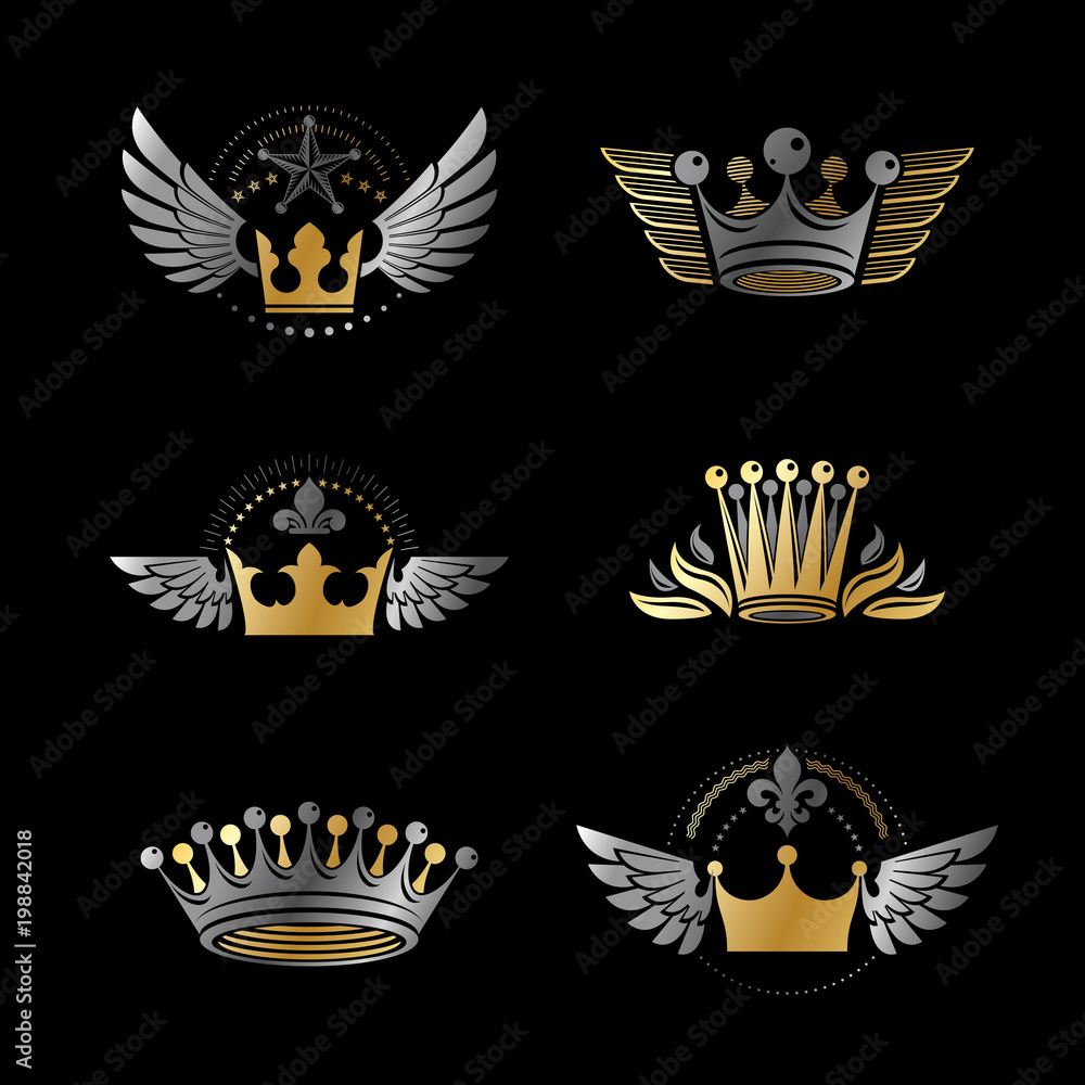 Majestic Crowns and Ancient Stars emblems set. Heraldic Coat of Arms decorative logos isolated vector illustrations collection. Majestic Crowns and Ancient Stars emblems set. Heraldic Coat of Arms decorative logos isolated vector illustrations collection.