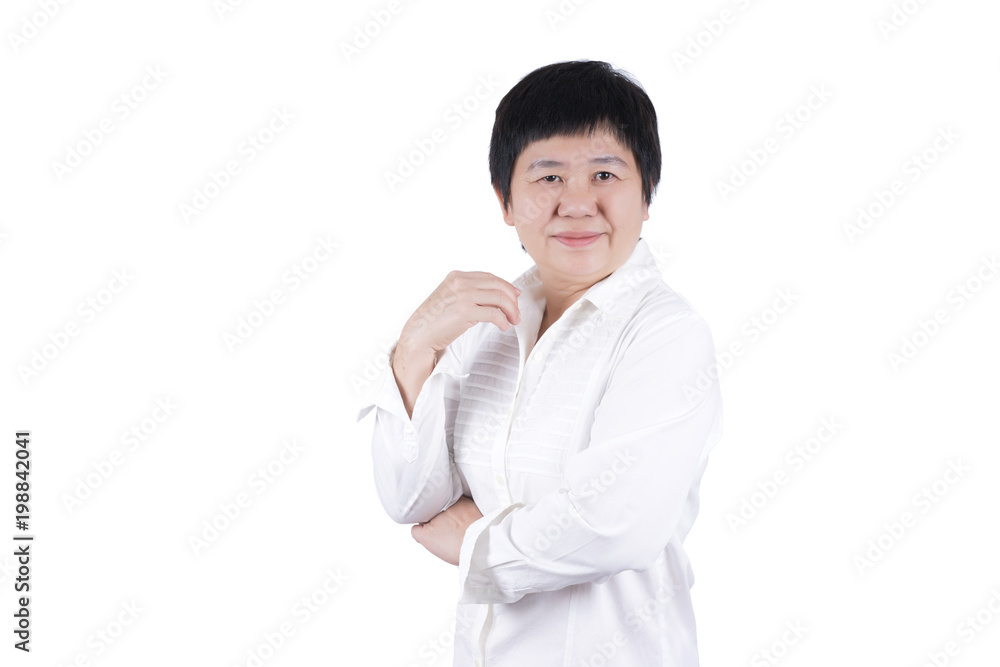 Smiling Asian Middle-aged woman in white shirt isolated on white background Smiling Asian Middle-aged woman in white shirt isolated on white background
