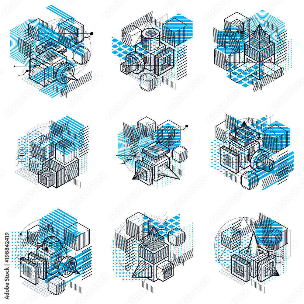 Isometric abstractions with lines and different elements, vector abstract backgrounds. Compositions of cubes, hexagons, squares, rectangles and different abstract elements. Vector set.