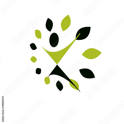 Vector illustration of joyful abstract individual with raised hands up. Go green idea creative logo. Vegetarian theme icon. Wellness and harmony symbol.