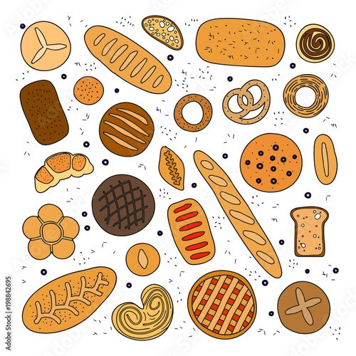 Set of hand drawn bread and pastries.