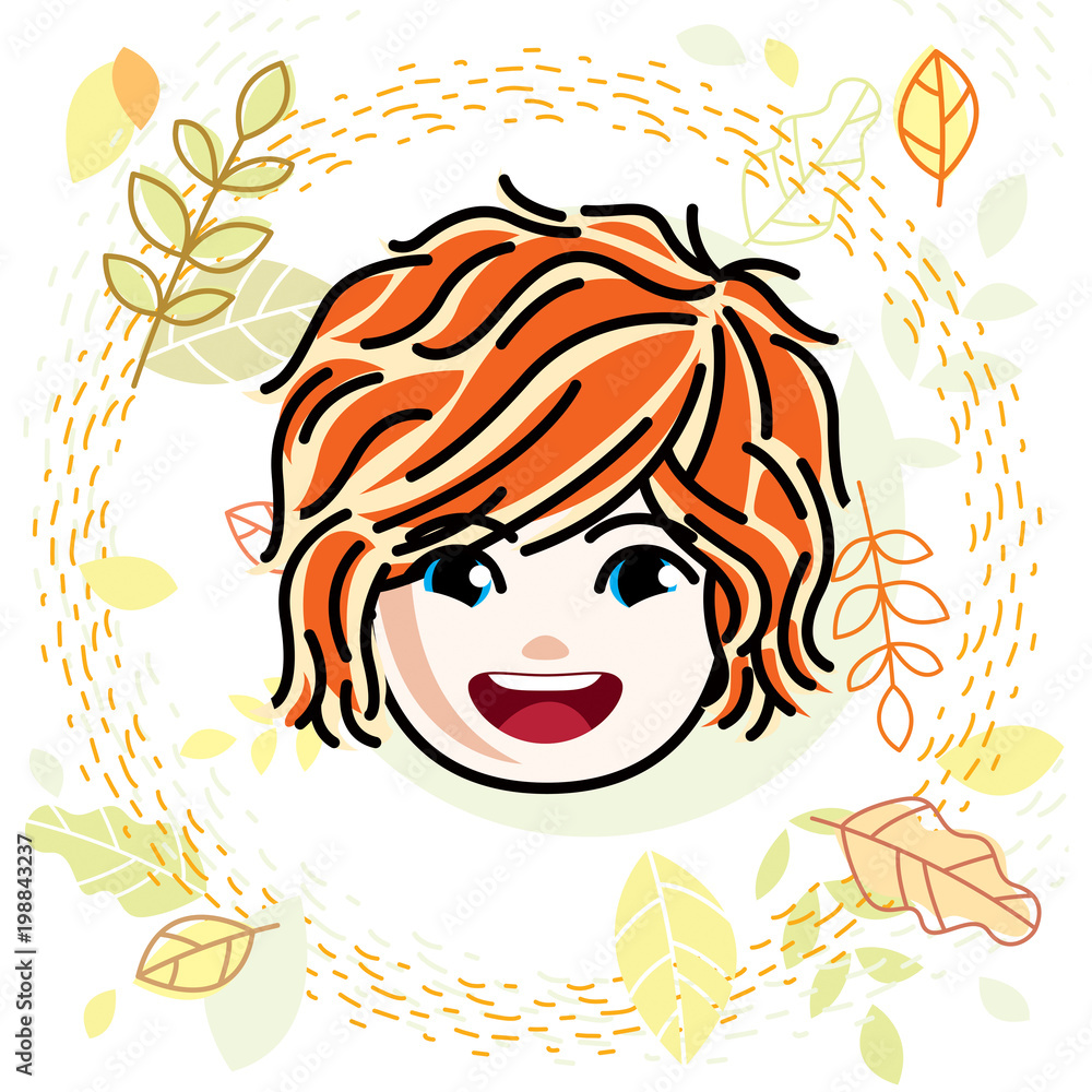 Cute girls face, human head. Vector redhead character, smiling girl face features. Cute girls face, human head. Vector redhead character, smiling girl face features.