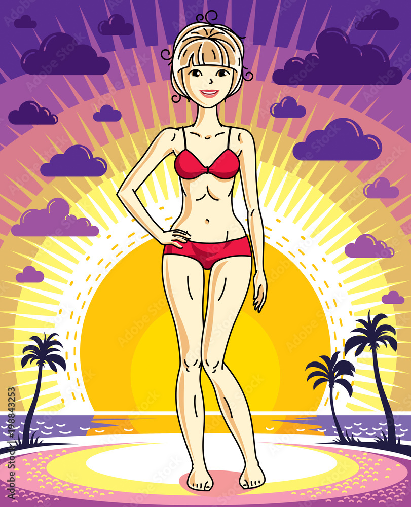 Attractive young blonde woman posing on background of sunset landscape with palms and wearing red bikini. Vector nice lady illustration. Lifetime theme clipart.