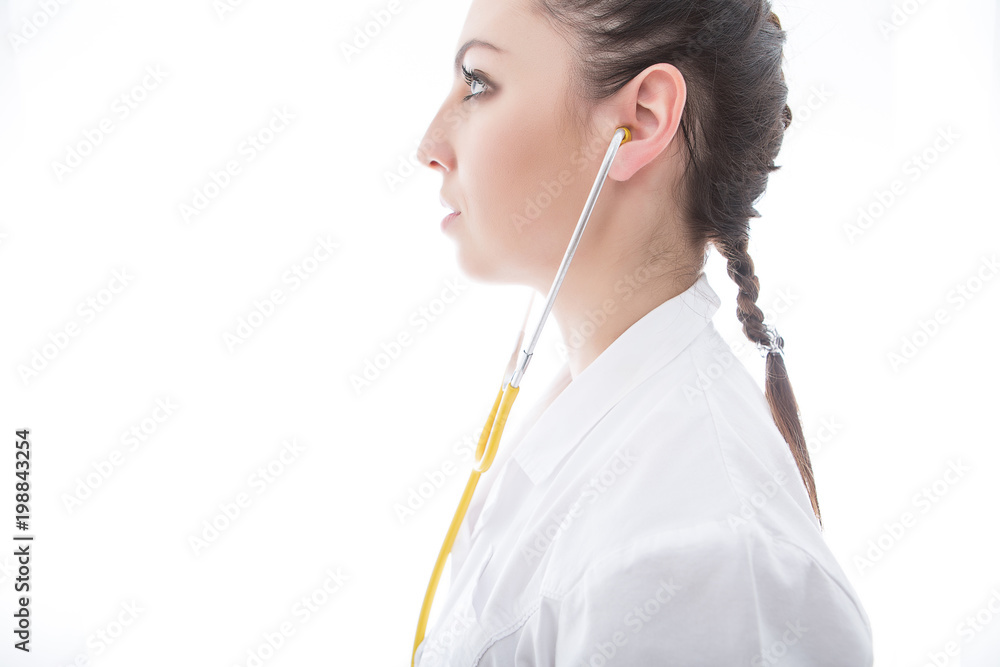 Positive medical doctor woman with stethoscope. Isolated white background. Positive medical doctor woman with stethoscope. Isolated white background.