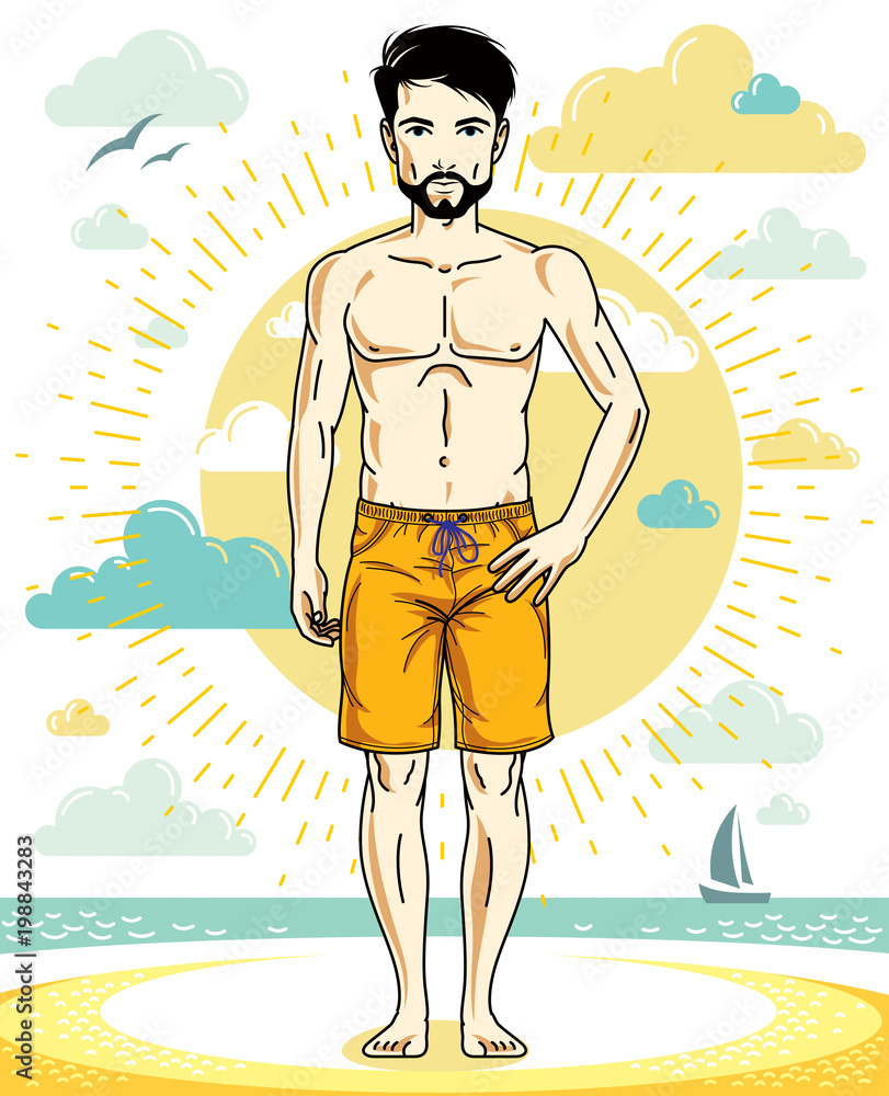 Handsome man with beard and whiskers standing on tropical beach and wearing beachwear shorts. Vector human illustration. Summer vacation theme.