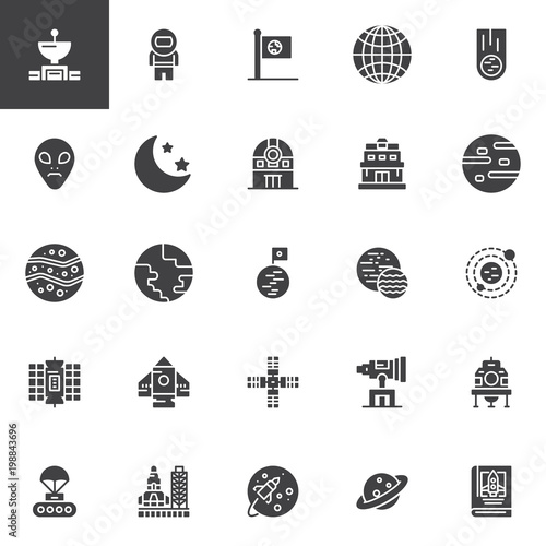 Space vector icons set, modern solid symbol collection, filled style pictogram pack. Signs, logo illustration. Set includes icons as Hubble space telescope, Satellite dish, Astronaut, Meteorite