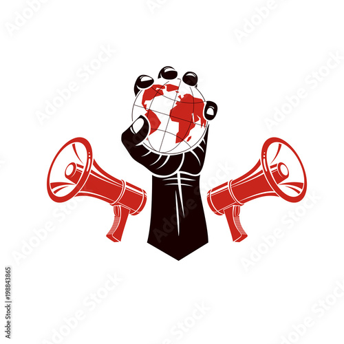 Propaganda as a powerful weapon of global influence on social behavior. Vector emblem created with strong fist holding Earth symbol and composed with loudspeakers equipment.