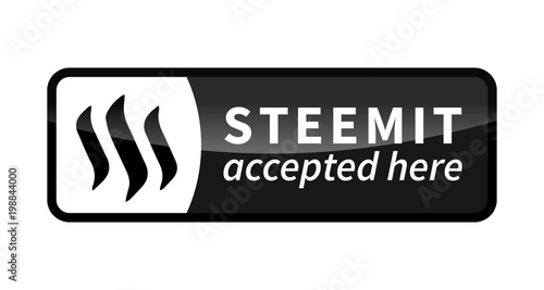 Steemit accepted here, black glossy badge on white photo