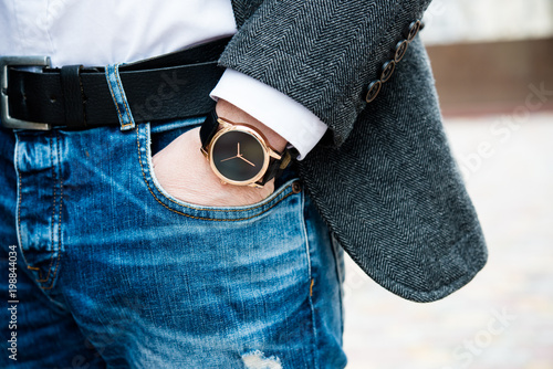 Elegant young business man's hand with fashion no brand wrist wa photo