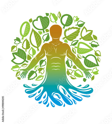 Vector athletic man coming out of water and created using organic green tree leaves. Downshifting and ecotourism concept illustration.