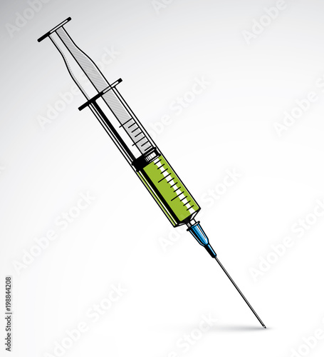 Vector graphic illustration of plastic disposable syringe for medical injections. Get vaccinated idea