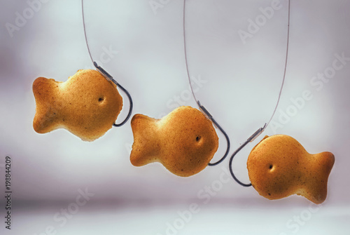 Cookies cracker in the form of fish on a fishhook and fishing line blurred light background close-up photo