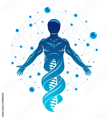 Vector graphic illustration of human made as DNA strands continuation, individuality created with mesh wireframe connections. Biochemistry scientific research.