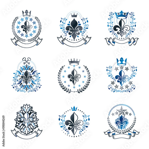 Royal symbols Lily Flowers emblems set. Heraldic vector design elements collection. Retro style label, heraldry logo.