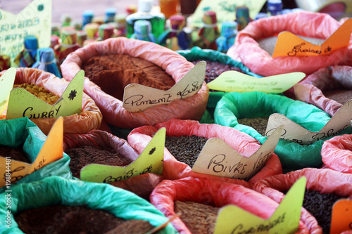 colorful bags of spices, market, Guadeloupe, Lesser Antillers, Caribbean © Ralph