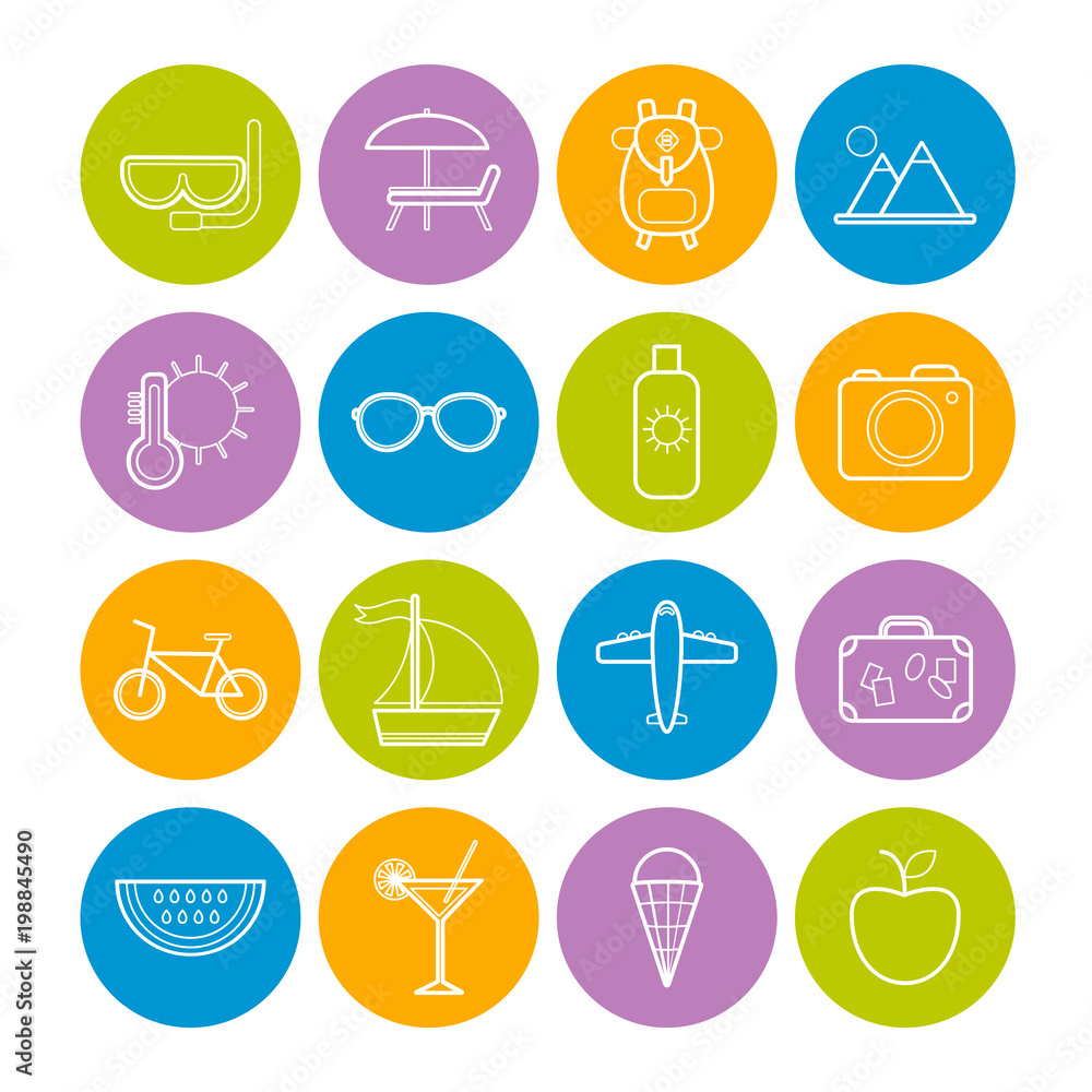 Fototapeta premium Set of vector line summer icons for web design