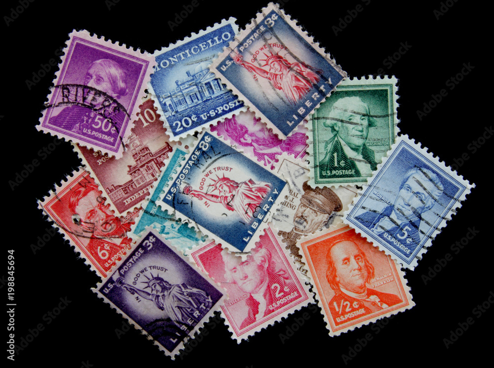 Old post stamps of USA. Postage stamps Liberty collection Stock Photo