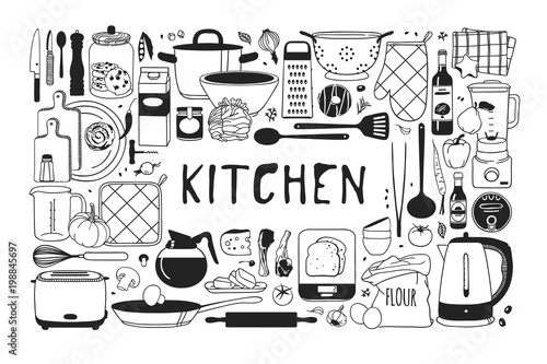 Hand drawn illustration cooking tools and dishes. Creative ink art work. Actual vector drawing. Kitchen set